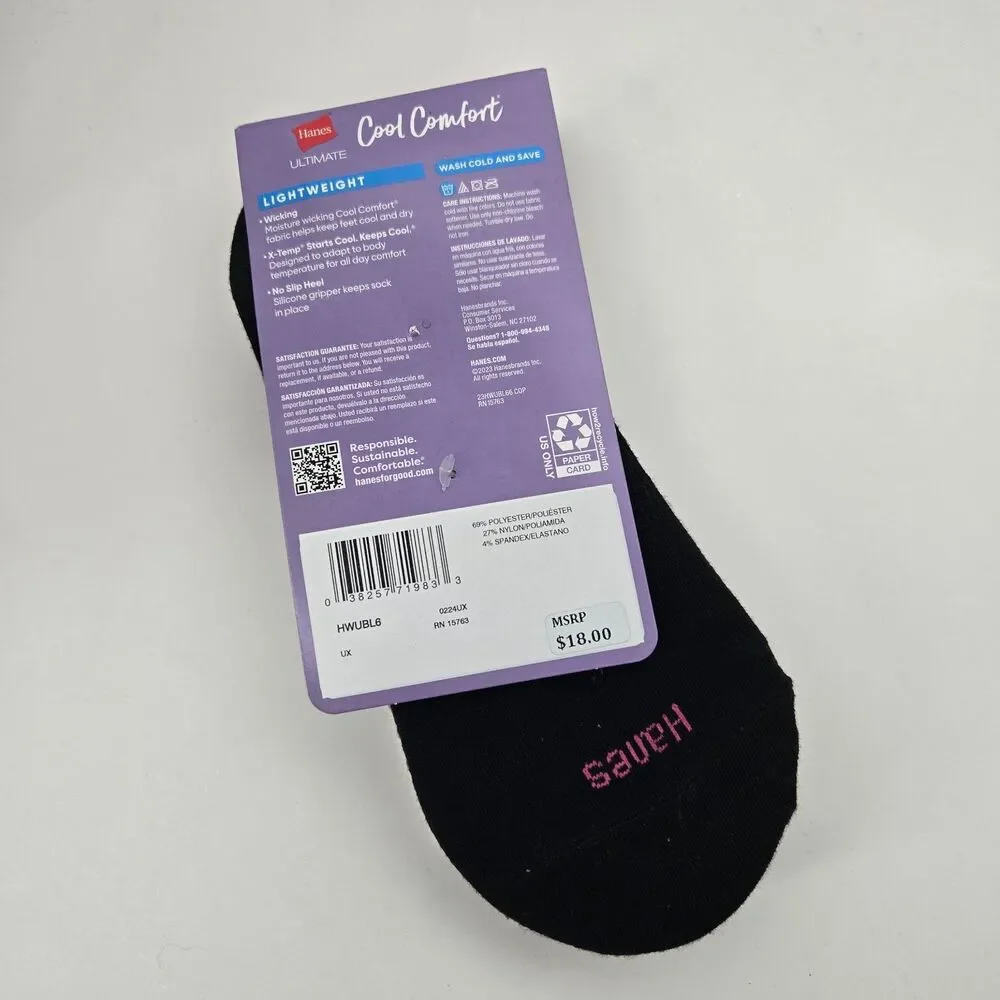 Hanes White Black Ultimate Cool Comfort Lightweight 6pk Liner Socks Womens‎ 5-9